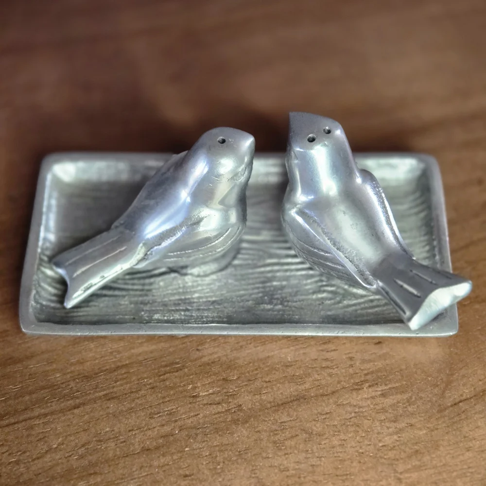 Martha Stewart Pewter Bird Salt & Pepper Shakers Spring Garden Set w/ Tray